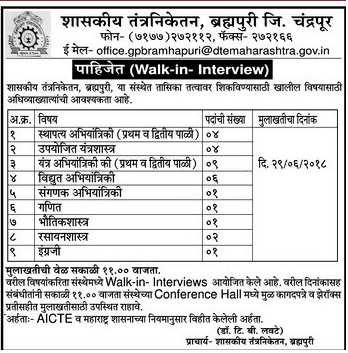 Govt Polytechnic College Chandrapur Recruitment 2018