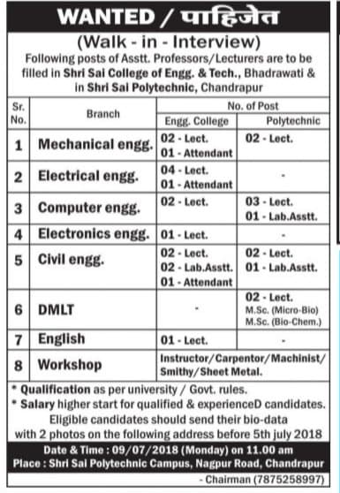 Sai Poly Chandrapur Recruitment 2018