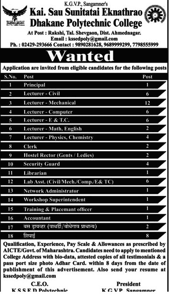 KSSED Polytechnic College Rakshi Recruitment 2018