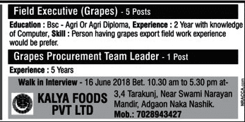 Kalya Foods Nashik Recruitment 2018