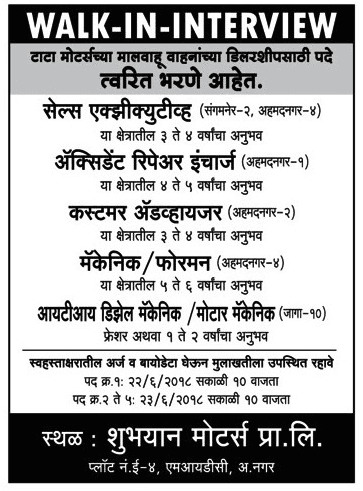 Shubhyan Motors Ahmednagar Recruitment 2018