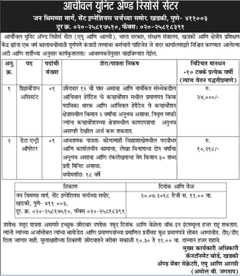 Archival Unit & Resource Center Pune Recruitment 2018