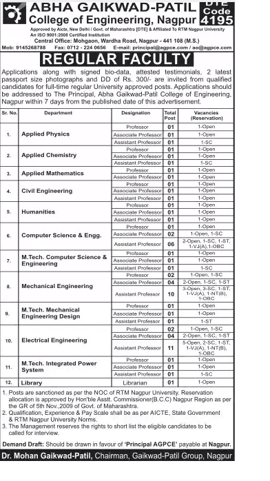 Abha Gaikwad-Patil College Nagpur Recruitment 2018