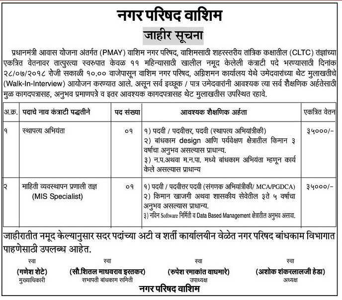 Municipal Council Washim Recruitment 2018
