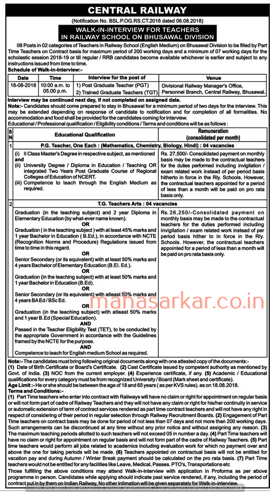 Central Railway School Bhusawal Recruitment 2018