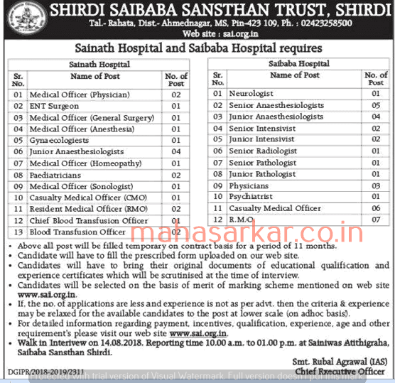 Shirdi Saibaba Sansthan Trust Recruitment 2018