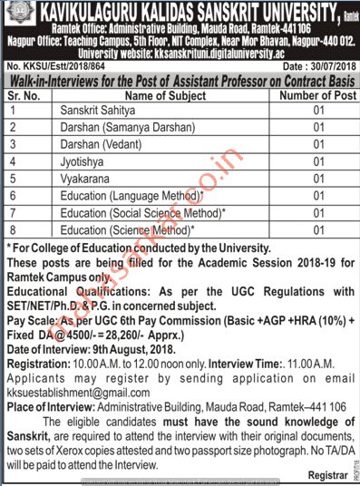 Kulguru Kalidas University Ramtek Recruitment 2018