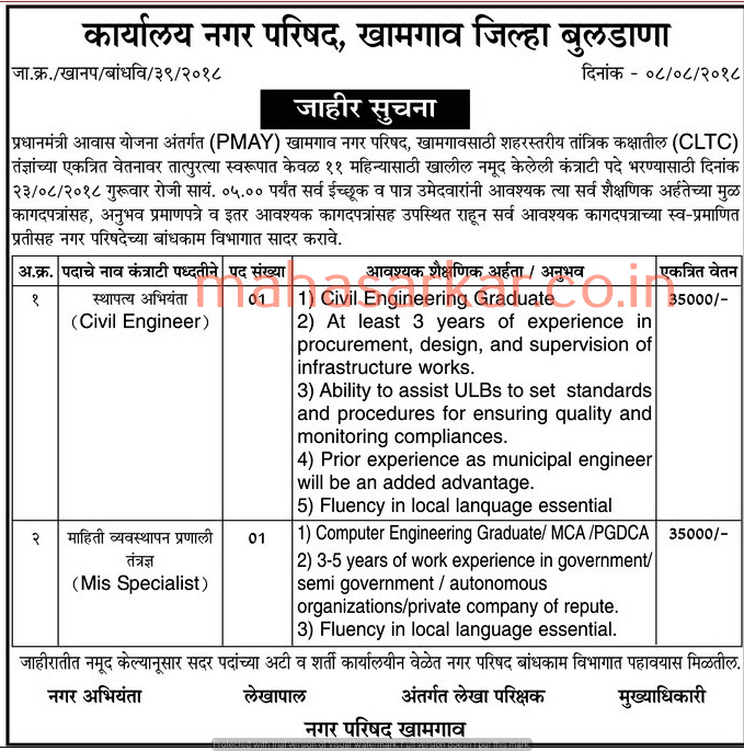 Khamgaon Municipal Council Buldhana Recruitment 2018