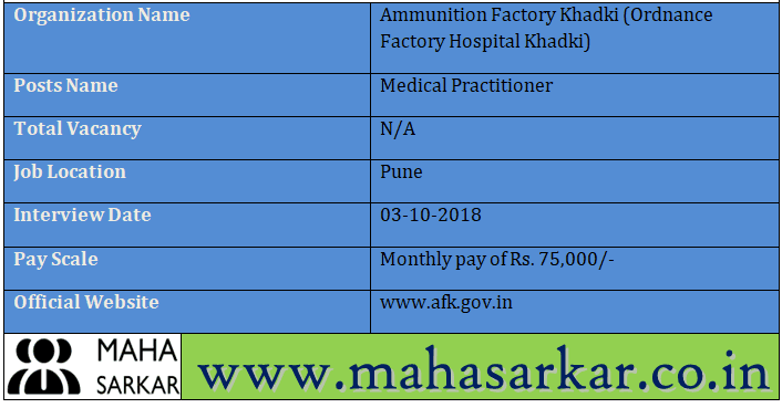 Ordnance Factory Hospital Khadki Recruitment 2018