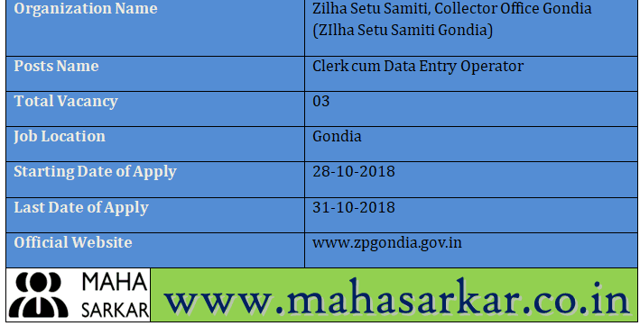 ZIlha Setu Samiti Gondia Clerk cum Data Entry Operator Recruitment 2018