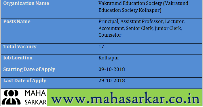 Vakratund Education Society Kolhapur Recruitment 2018