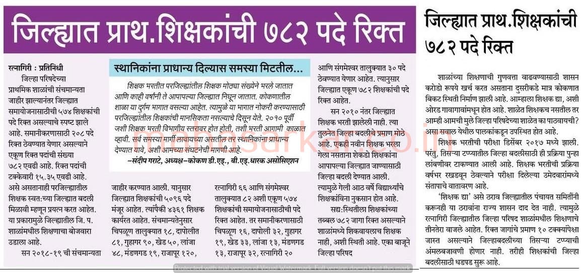 ZP Maharashtra Primary School Teacher Recruitment 2018 for 782 Posts