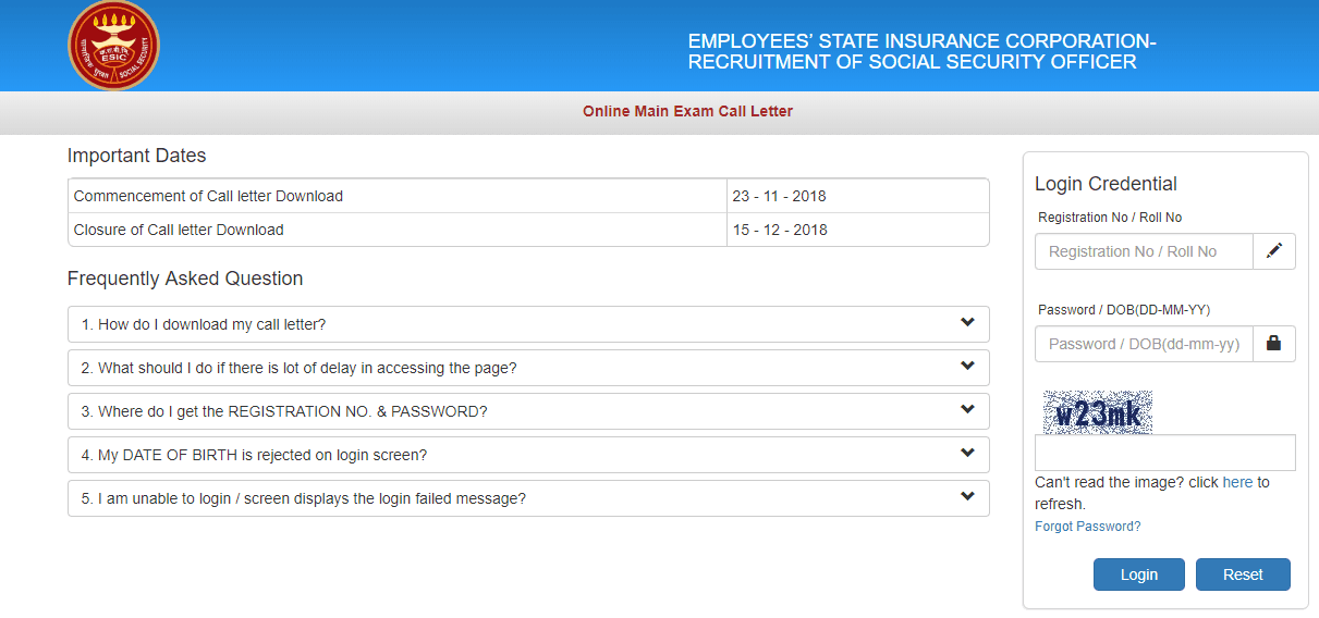 ESIC SSO Main Admit Card 2018