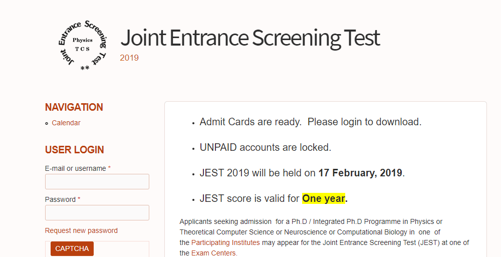 JEST Admit Card or Hall Tickets 2019- Download