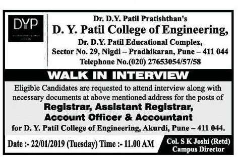 DYP Engineering College Pune Recruitment 2019