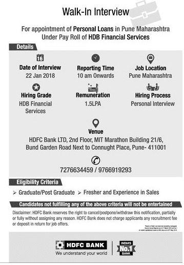 HDFC Bank Pune Recruitment 2019