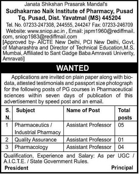 SN Pharmacy College Pusad Recruitment 2019