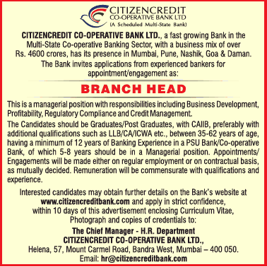 Citizencredit Bank Mumbai Recruitment 2019