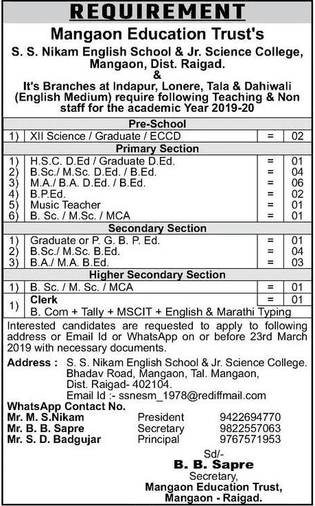 Mangaon Education Trust Raigad Recruitment 2019 For 27 Posts