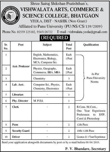 Vishwalata College Nashik Recruitment 2019 For 33 Posts
