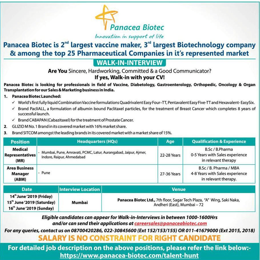 Panacea Biotec Mumbai Recruitment 2019