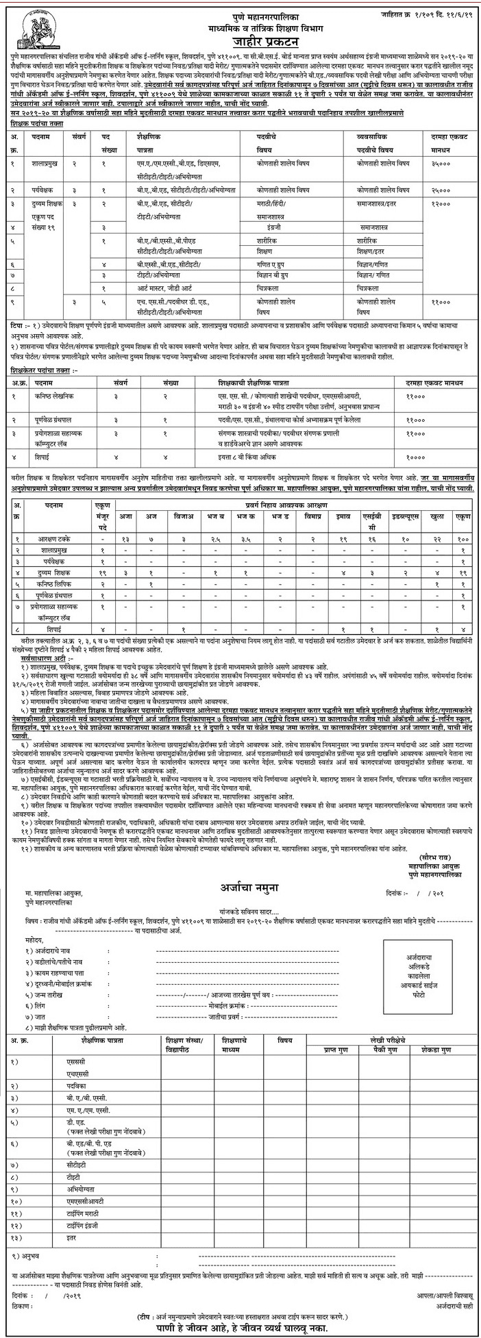 पुणे महानगरपालिका, माध्यमिक व तांत्रिक शिक्षण विभाग मध्ये 29 जागांसाठी भरती २०१९
