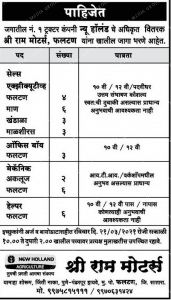 १२वी व दहावी उत्तीर्ण उमेदवारांची नोकरी: श्रीराम मोटर्स सातारा मध्ये नवीन 33 जागांसाठी भरती जाहीर २०२१.