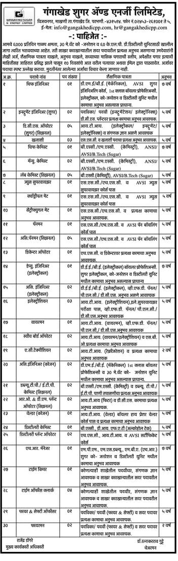 Gangakhed Sugar & Energy Limited Engineer & electronic technical And More Recruitment 2017