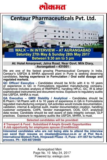 Centaur Pharmaceuticals Pvt Ltd Recruitment 2017