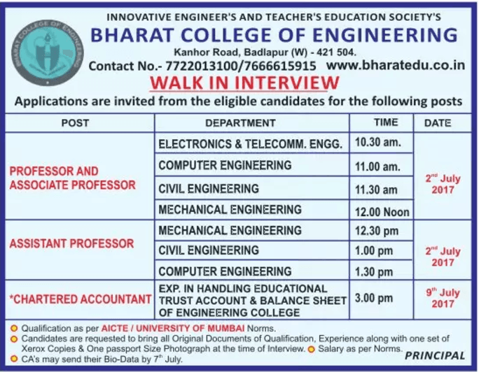 Bharat College of Engineering Recruitment 2017