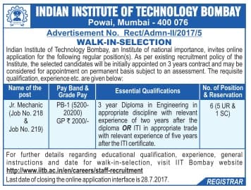 IIT Bombay Jr. Mechanic Recruitment 2017
