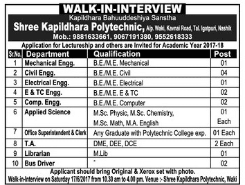 Shree Kapildhara Polytechnic Recruitment 2017