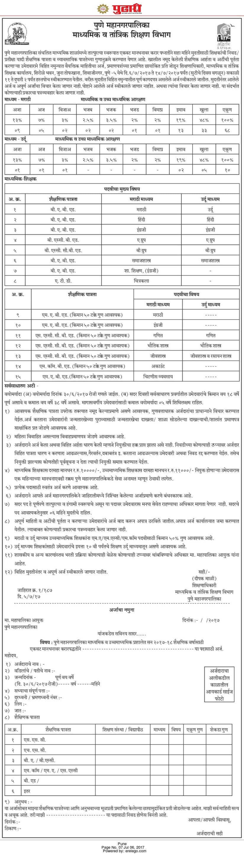 Pune Municipal Corporation Teacher Recruitment 2017