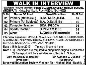 New Blossms English Medium Scool Recruitment 2017