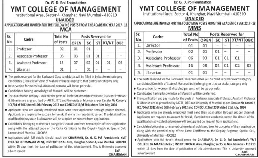 YMT College Of Management Recruitment 2017