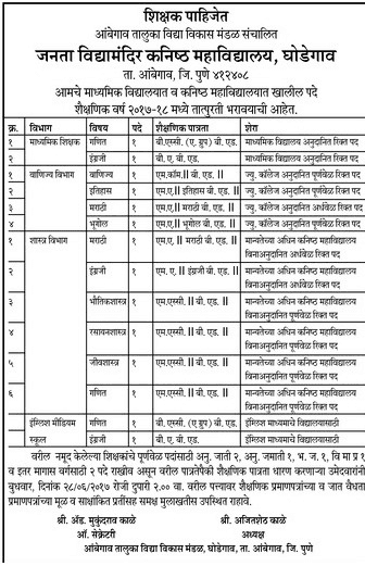 Janata Vidyamandir Kanishth Mahavidyalaya Teachers Recruitment 2017