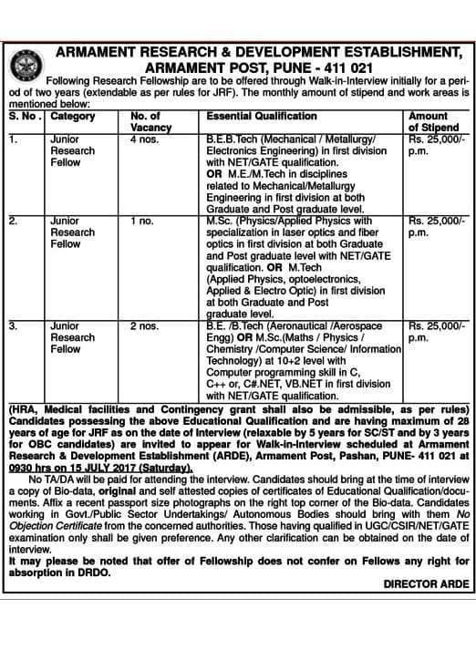 ARDE JRF Recruitment 2017