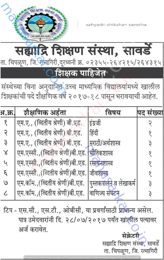 Sahyadri Shikshan Sanstha Teachers Recruitment 2017