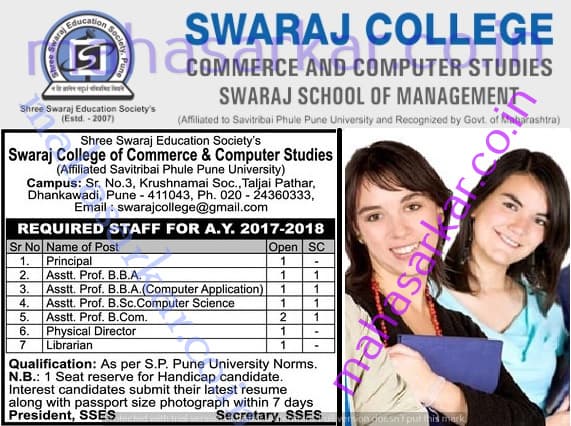 SWARAJ COLLEGE Principal – Assistant Professor B.B.A & More Recruitment 2017
