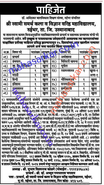 Shri Swami Samarth Senior College Recruitment 2017