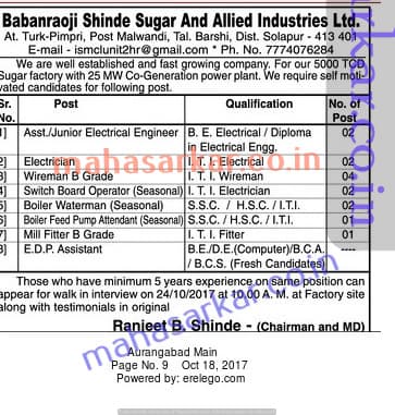 Babanraoji Shinde Suger Industries Recruitment 2017