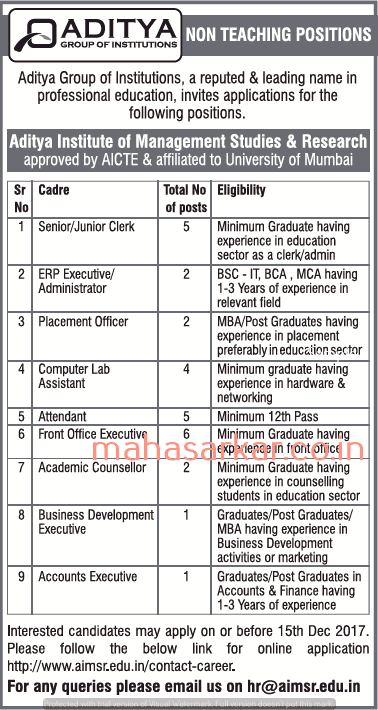 AIMSR Mumbai Non Teaching Post Recruitment 2017