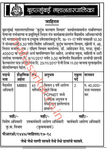 BrihanMumbai Mahanagarpalika Medical Officer Recruitment 2017