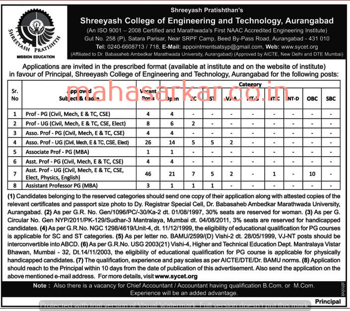 Aurangabad Shreeyash College Faculty Recruitment (95 Posts)-2017
