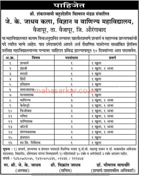 J.K. Jadhav College Recruitment 2017