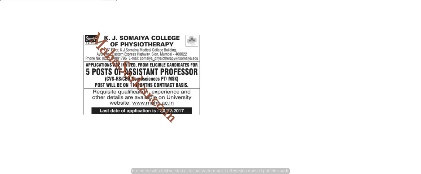KJ Somaiya Physiotherapy College Mumbai Assistant Professor Recruitment