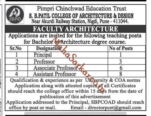 S.B. Patil College Faculty Architecture Recruitment 2018