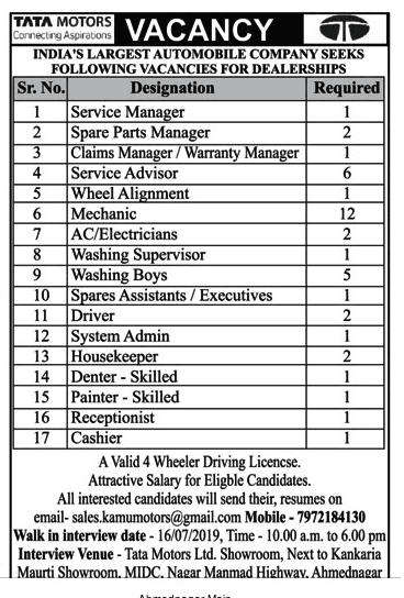 Tata Motors Ltd, Ahmednagar Vacancy 2019- 43 Posts