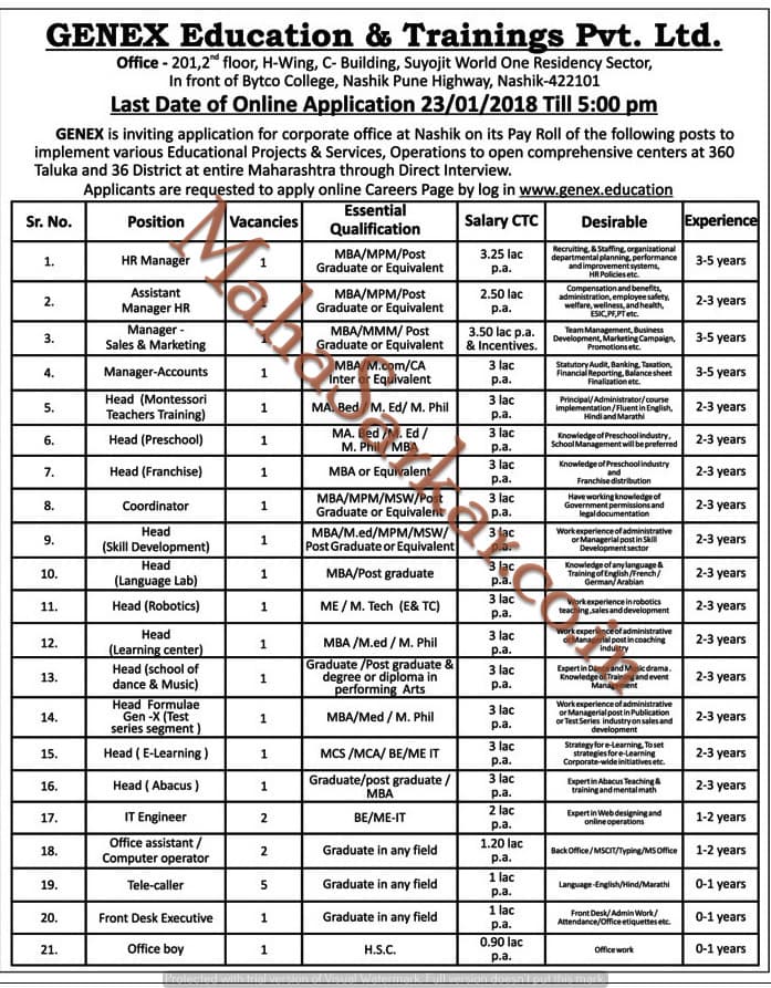 Genex Education Recruitment 2018