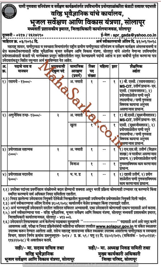 Bhujal Sarvekshan Vikas ani Yantrana Solapur Recruitment 2018